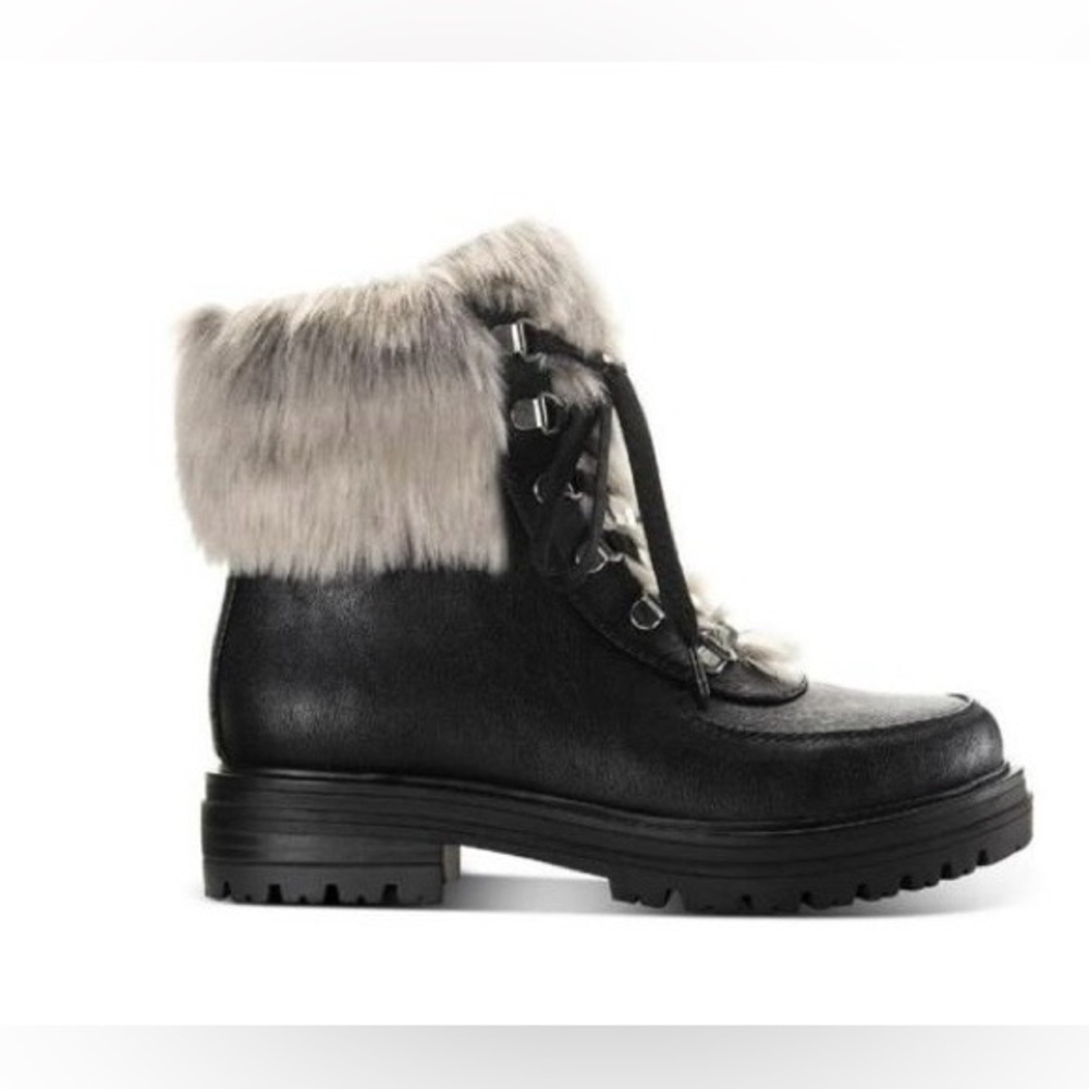 Sun + Stone Orlaa Ankle Derby Booties Women's 7m Black Faux Fur Detail Lace Up